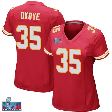 Nike Christian Okoye Women's Game Kansas City Chiefs Red Team Color Super Bowl LVII Patch Jersey