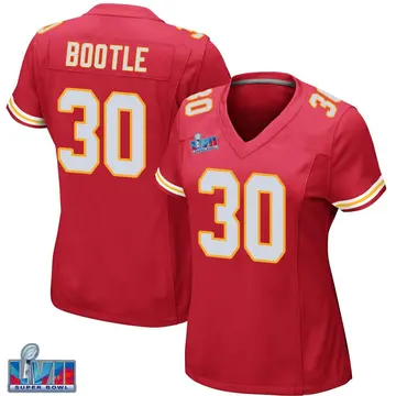 Nike Dicaprio Bootle Women's Game Kansas City Chiefs Red Team Color Super Bowl LVII Patch Jersey