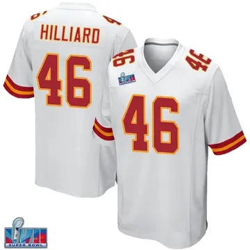 Nike Justin Hilliard Men's Game Kansas City Chiefs White Super Bowl LVII Patch Jersey